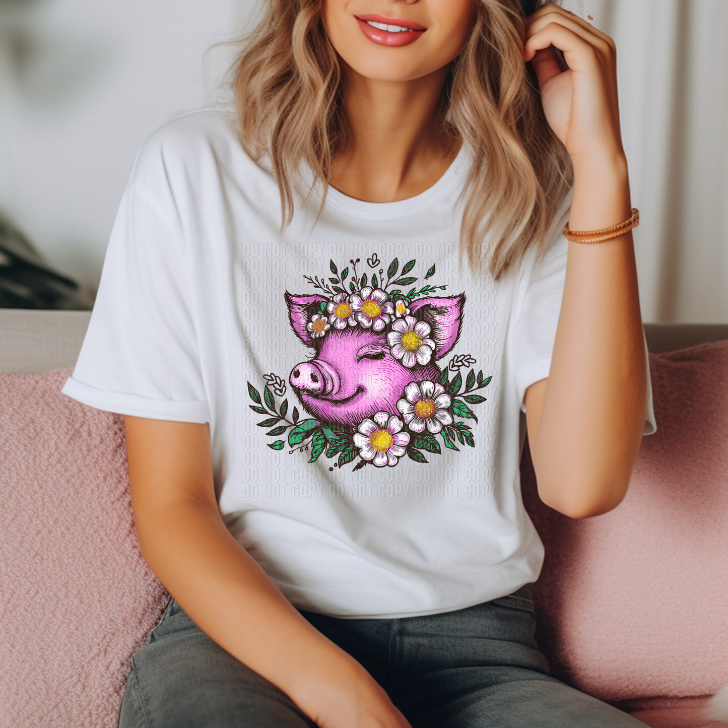 Pink Piggy With White Flowers