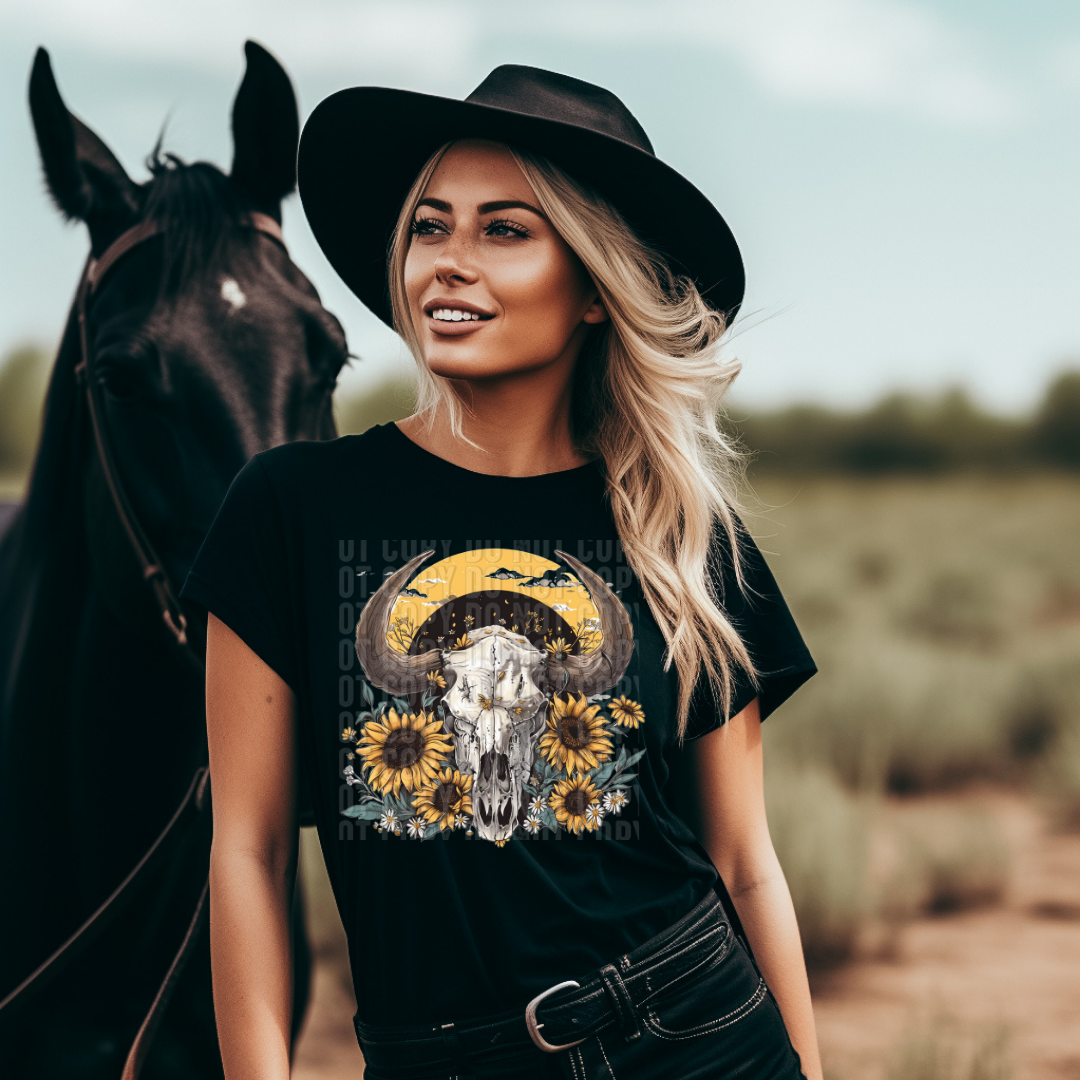 Cow Skull with Sunflowes and Sunset