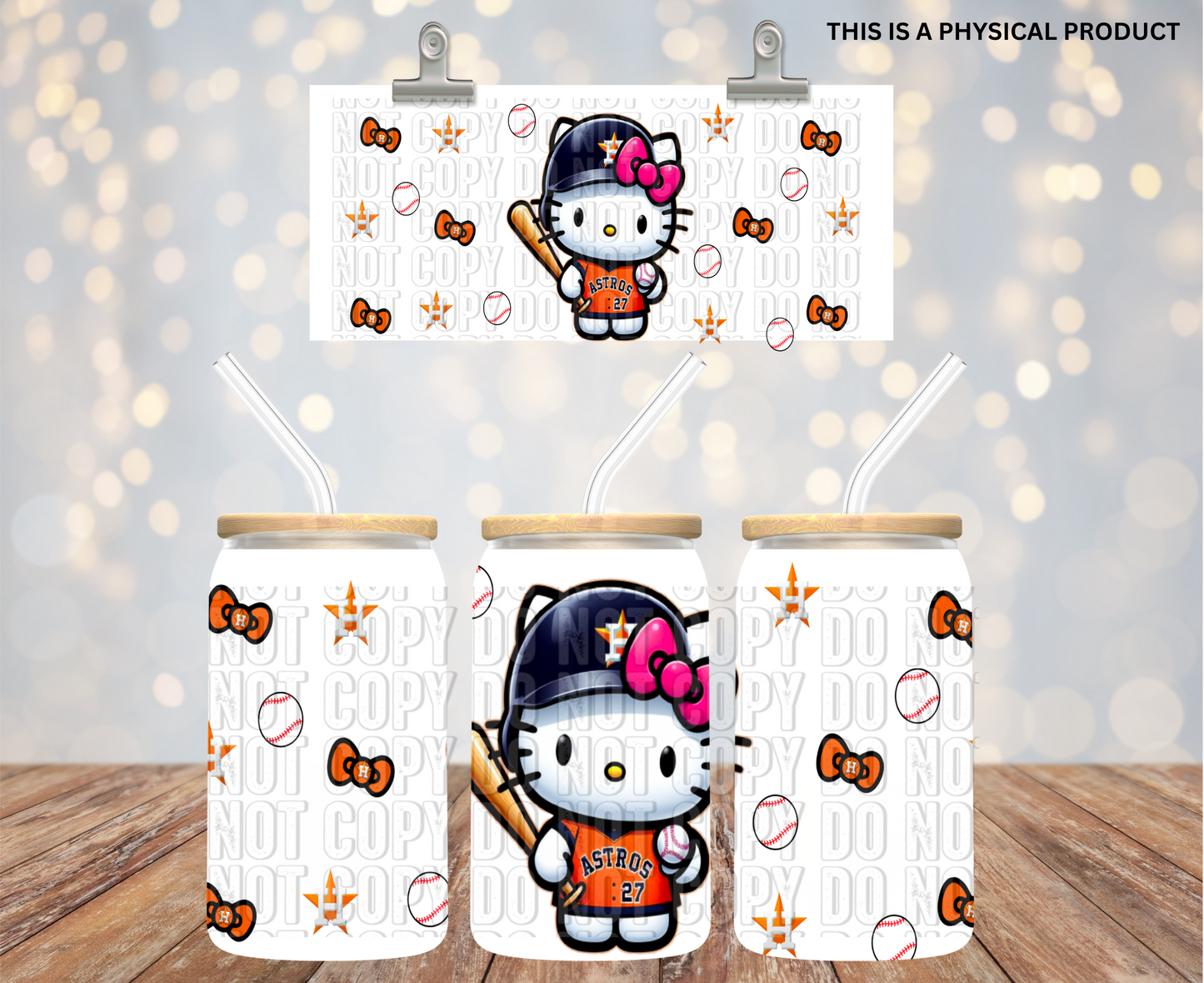 White kitty with Astros Gear 16oz Wrap